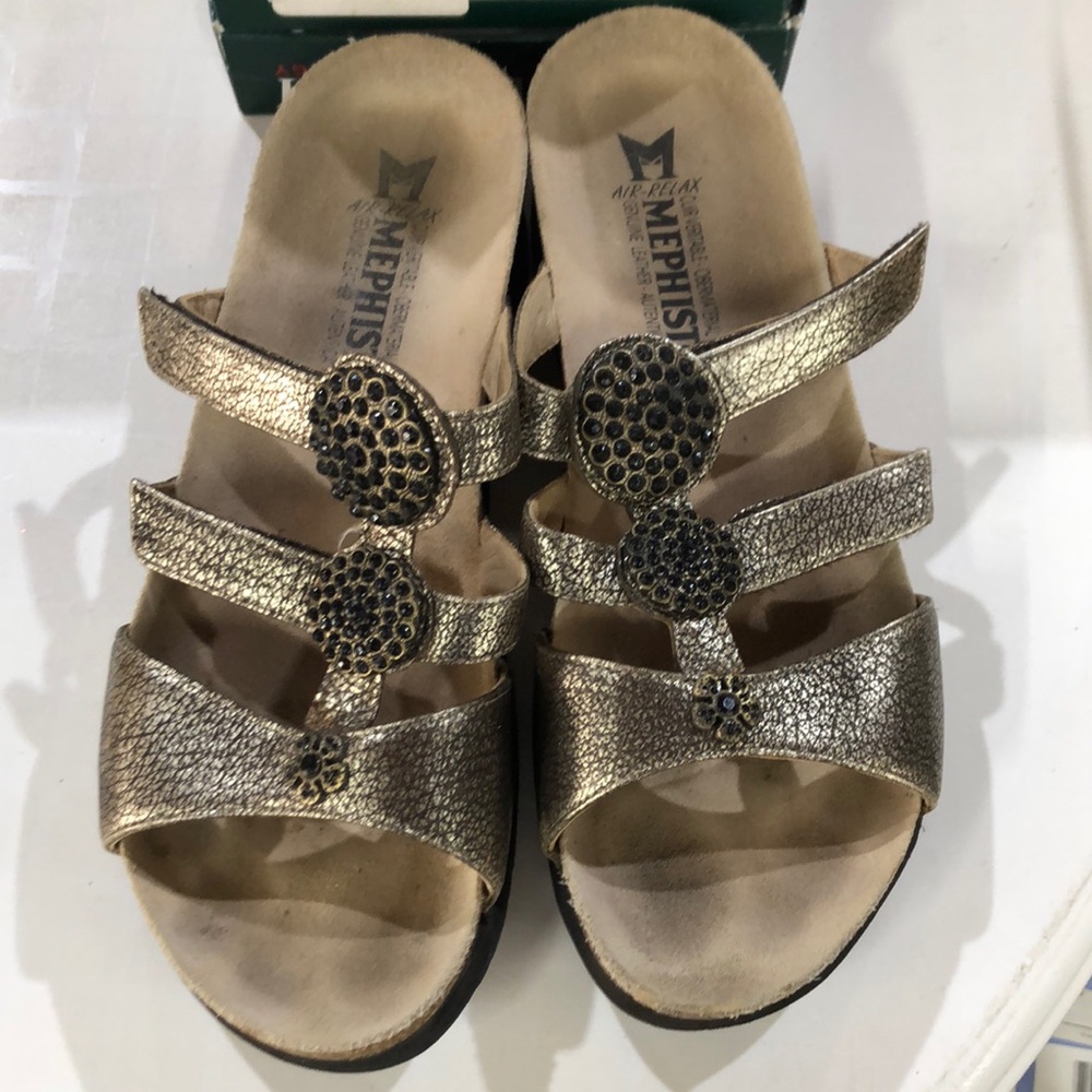 Mephisto slip on sandals antique gold w/black crystal walking adjustable size 9